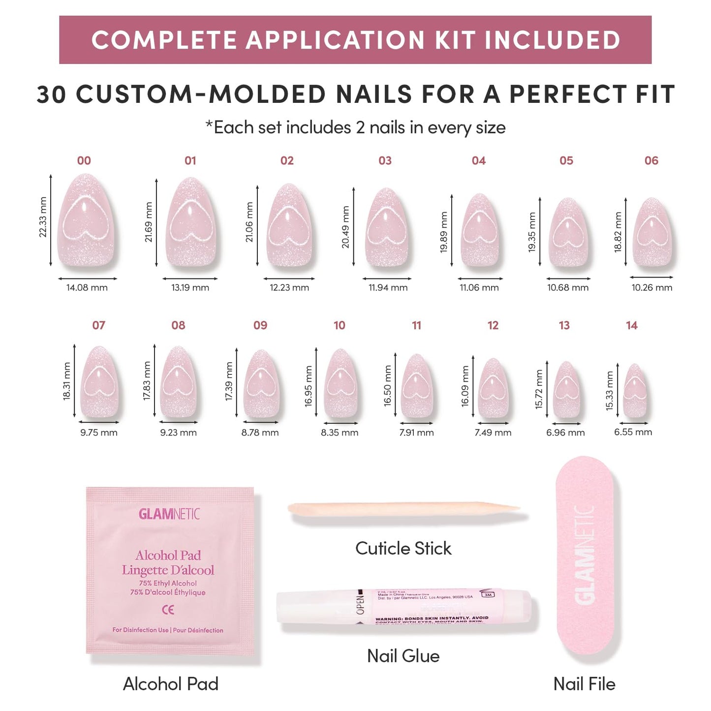 Glamnetic Press On Nails - Soulmate Energy Spring Nails | Short Almond Fake Nails in a Nude Pink Base with Cat-Eye Magnetic Heart Designs in a Velvet Finish | 15 Sizes - 30 Nail Kit with Glue