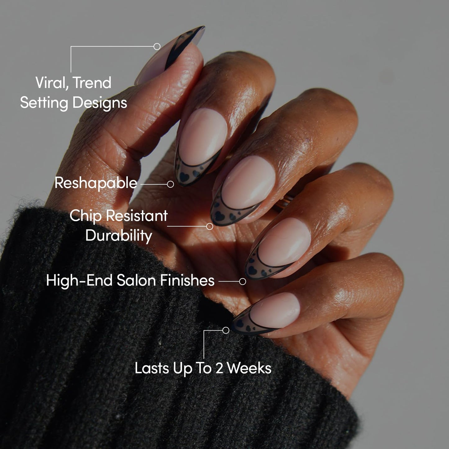 Glamnetic Press On Nails - Love Noir | Short Almond Fake Nails in Semi-Transparent Black French Tips with Opaque Outline and Heart Details | 15 Sizes - 30 Nail Kit with Glue