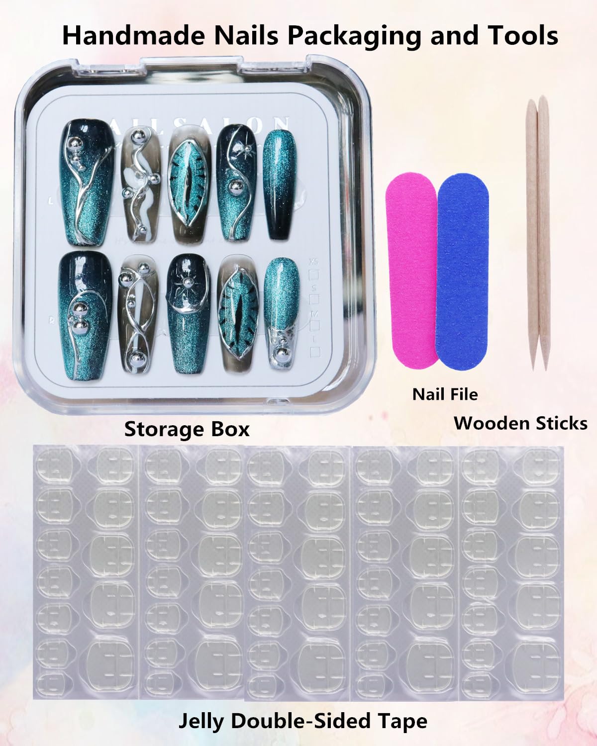 CAMILCY Handmade Press on Nails Long Coffin Blue Black Silver Glossy Luxury 3D Metal Charms Reusable Acrylic Artificial Fake Nails Full Cover False Nails for Women 10pcs (A048, M)