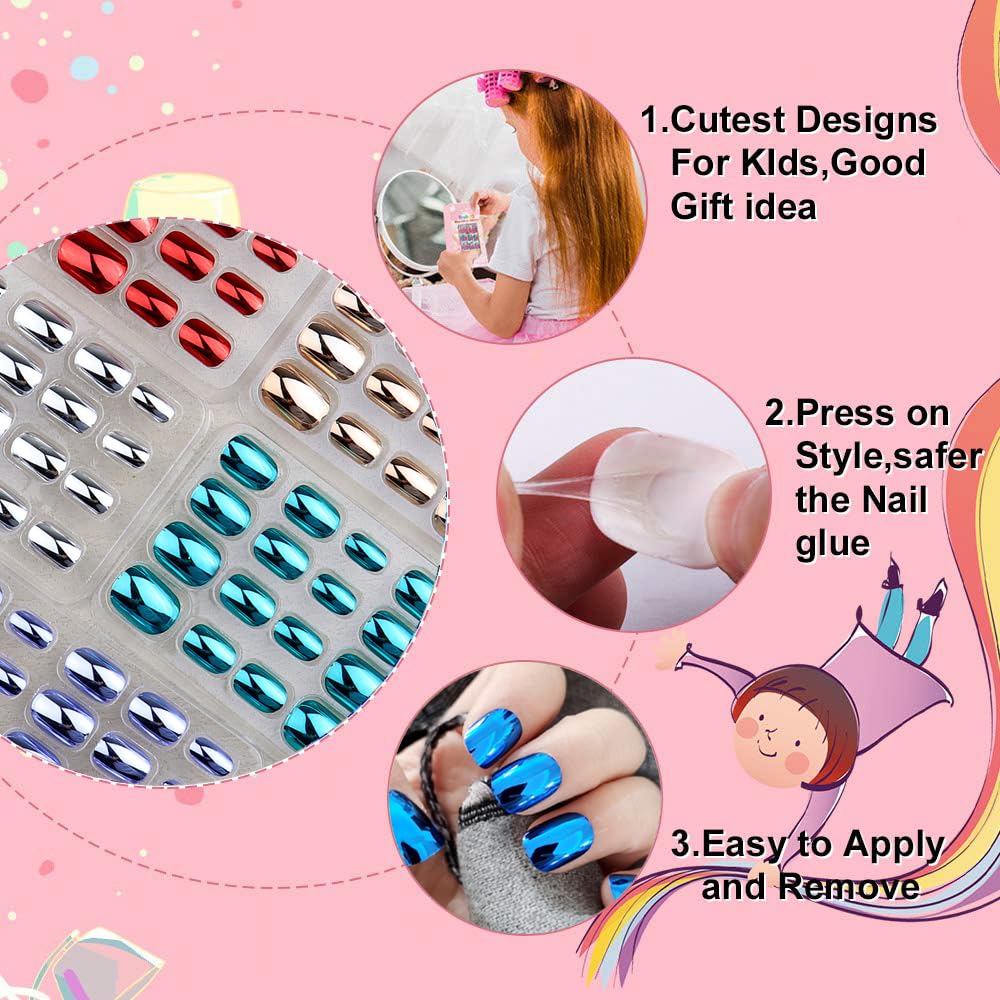 120 Pcs Mirror Metallic Press on False Nails Set for Girls Chrome Kid Fake Nails Pre-glue Children Artificial Metal Plating False Nails Short Oval Full Cover Acrylic Nail Tips Kit for Girl Toys
