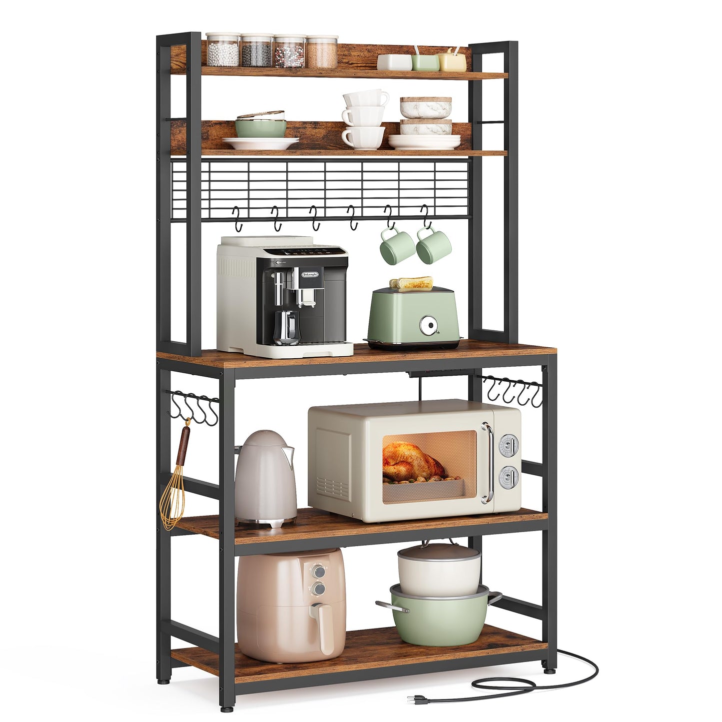 VASAGLE Bakers Rack with Power Outlet, Microwave Stand, Kitchen Tall Utility Storage Shelf, with Metal Wire Panel, 14 Hooks, 15.7 x 31.5 x 66.9 Inches, Rustic Brown and Ink Black UKKS025B01