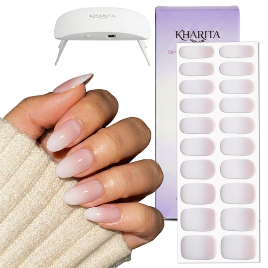KHARITA Semi Cured Gel Nail Strips – Real Gel Nail Polish Wraps for Brittle Nails | Waterproof Long Lasting Easy Peel-Off Removal | Hema-Free | 20-Piece Pink Ombre Salon Kit with UV Lamps