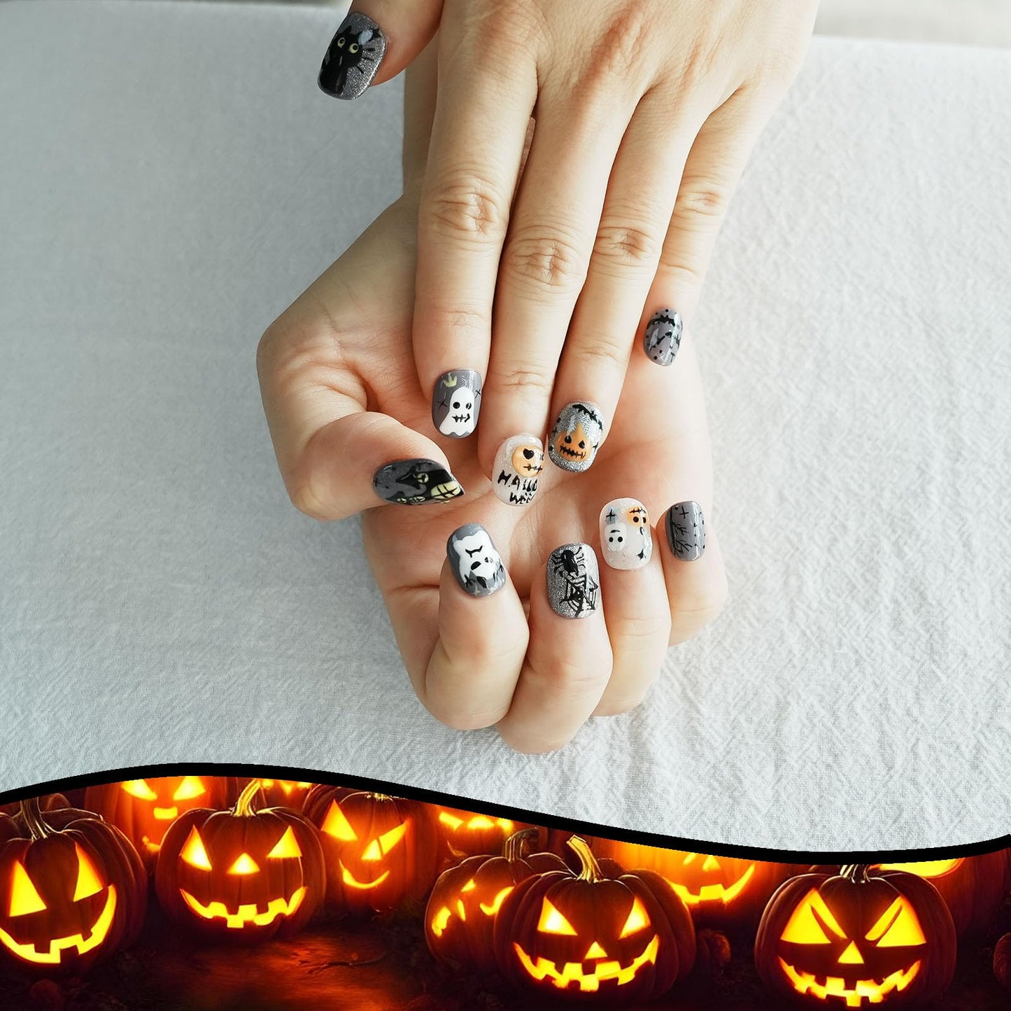 Handmade Goth Press on Nails Short Square - Glossy Grey 3D Ghost & Black Cat Design, Edgy Alt Style Fake Nails, Salon Quality Reusable Nails (Autumn Haunted Story,M)