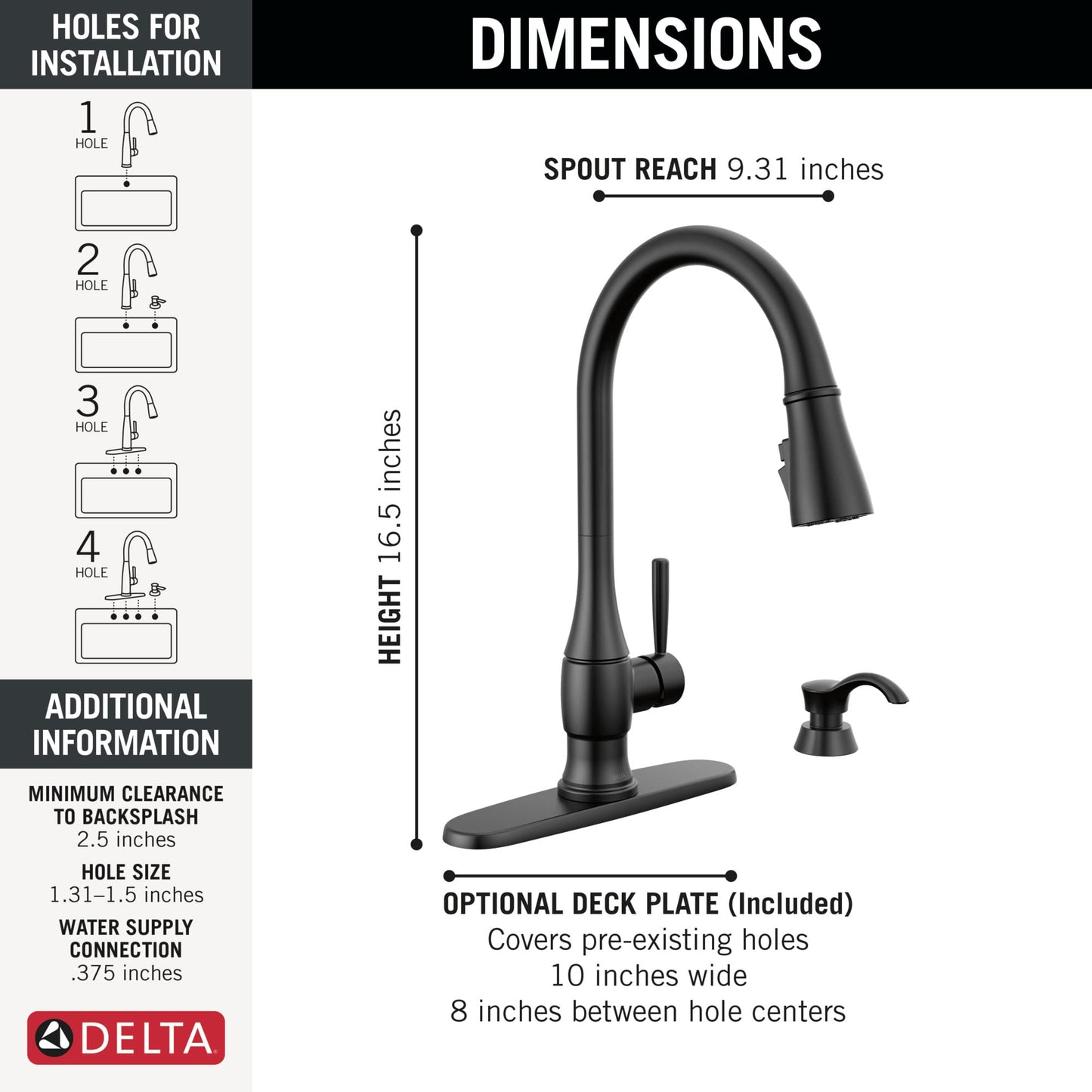 Delta Hazelwood Matte Black Kitchen Faucet with Pull Down Sprayer and Soap Dispenser, Modern Single Hole Kitchen Sink Faucet, Single Handle, Matte Black 19831Z-BLSD-DST