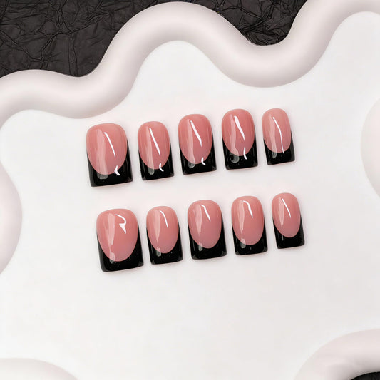 Handmade Press on Nails Black French Tip False Nails with Designs Solid Color Luxurious Thickened Short Square Fake Nail Full Cover Muti-Layer Gel Acrylic Nails Stick on Nail for Women（M)