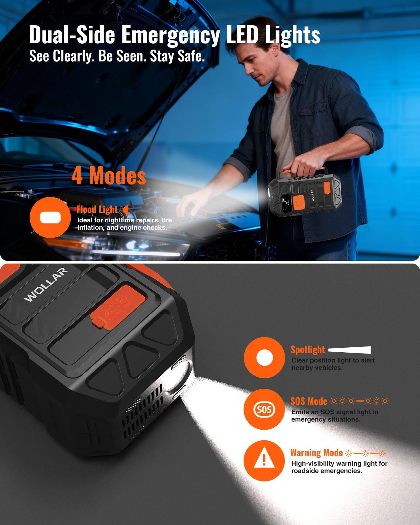WOLLAR 4000A Jump Starter with 160PSI Air Compressor - Car Battery Jumper Starter, 88.8Wh Portable Tire Inflator, 12V Jump Box, 24000mAh Powerbank, Dual Flashlight for 8.5L Gas & 7.5L Diesel Engines