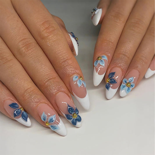 Blue Flower 3D Acrylic Fake Nail White French Tip Press on Nail Medium Almond Shaped Full Cover Glossy Artificial Stick on Nails Nude Press Ons Artificial Fingernails DIY Glue on Nails for Women