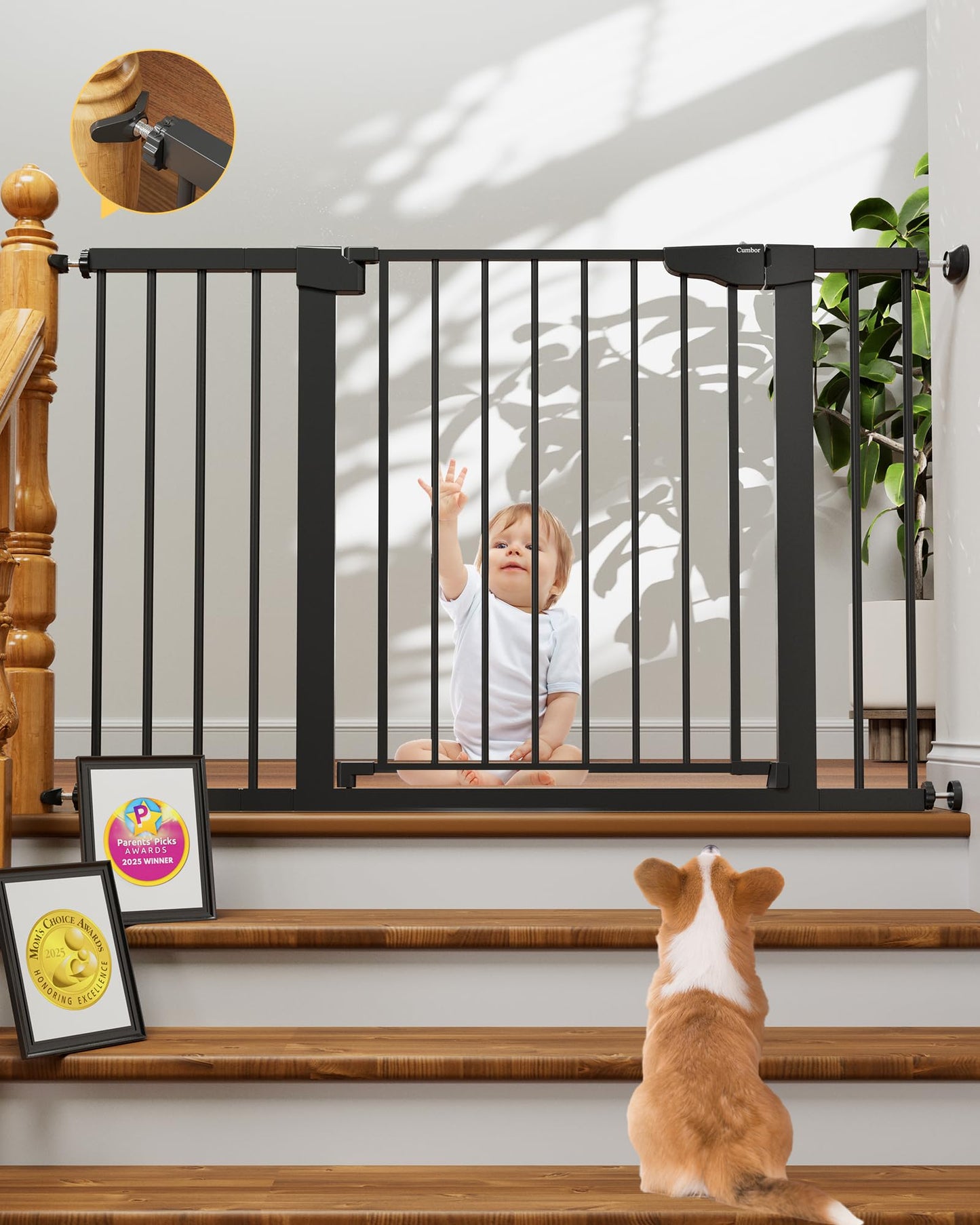 Cumbor 29.7-48" Baby Gate for Stairs, Mom's Choice Awards Winner-Dog Gate for Doorways, Auto Close Safety Pet Gate for Dogs Indoor, Easy Install Pressure Mounted Child Gate with Walk Thru Door, Black