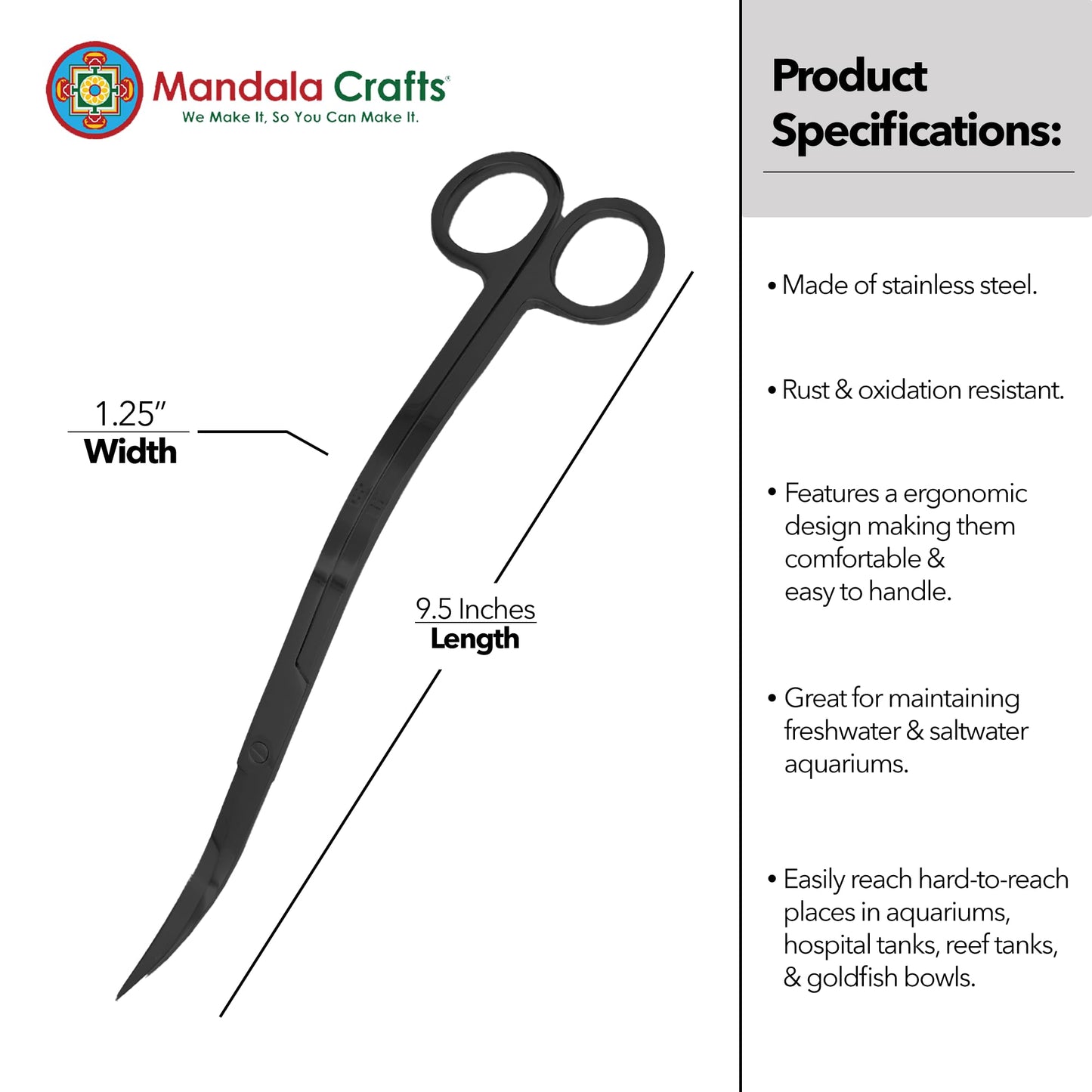 Mandala Crafts Extra Long Black Stainless Steel Curved Aquarium Scissors for Trimming Aquatic Plants – Wave Aquascape Scissors for Fish Tanks, Hospital Tanks, Goldfish Bowls, Aquariums, and Terrariums