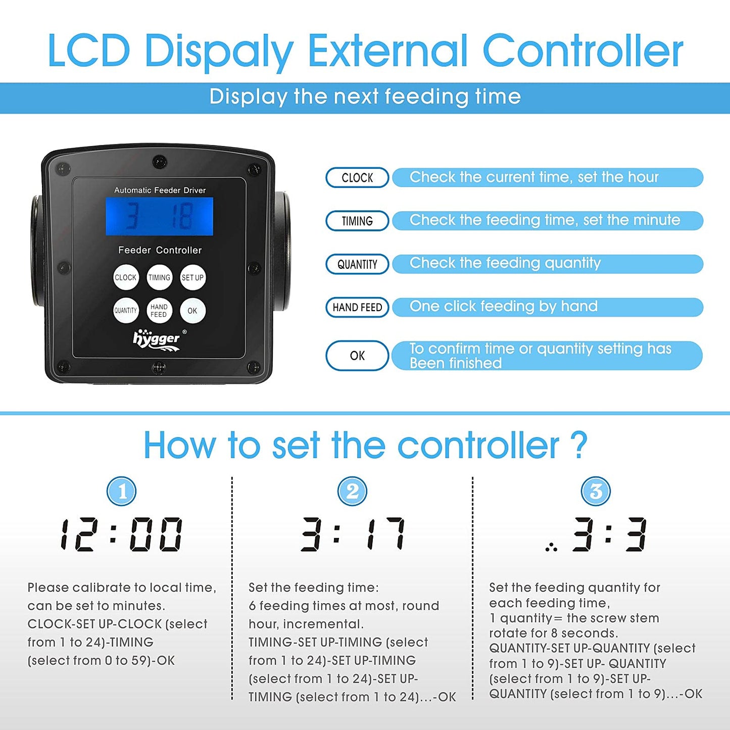 hygger LCD Control Automatic Pond Fish Feeder, Capacity 5.5L，DC 12V