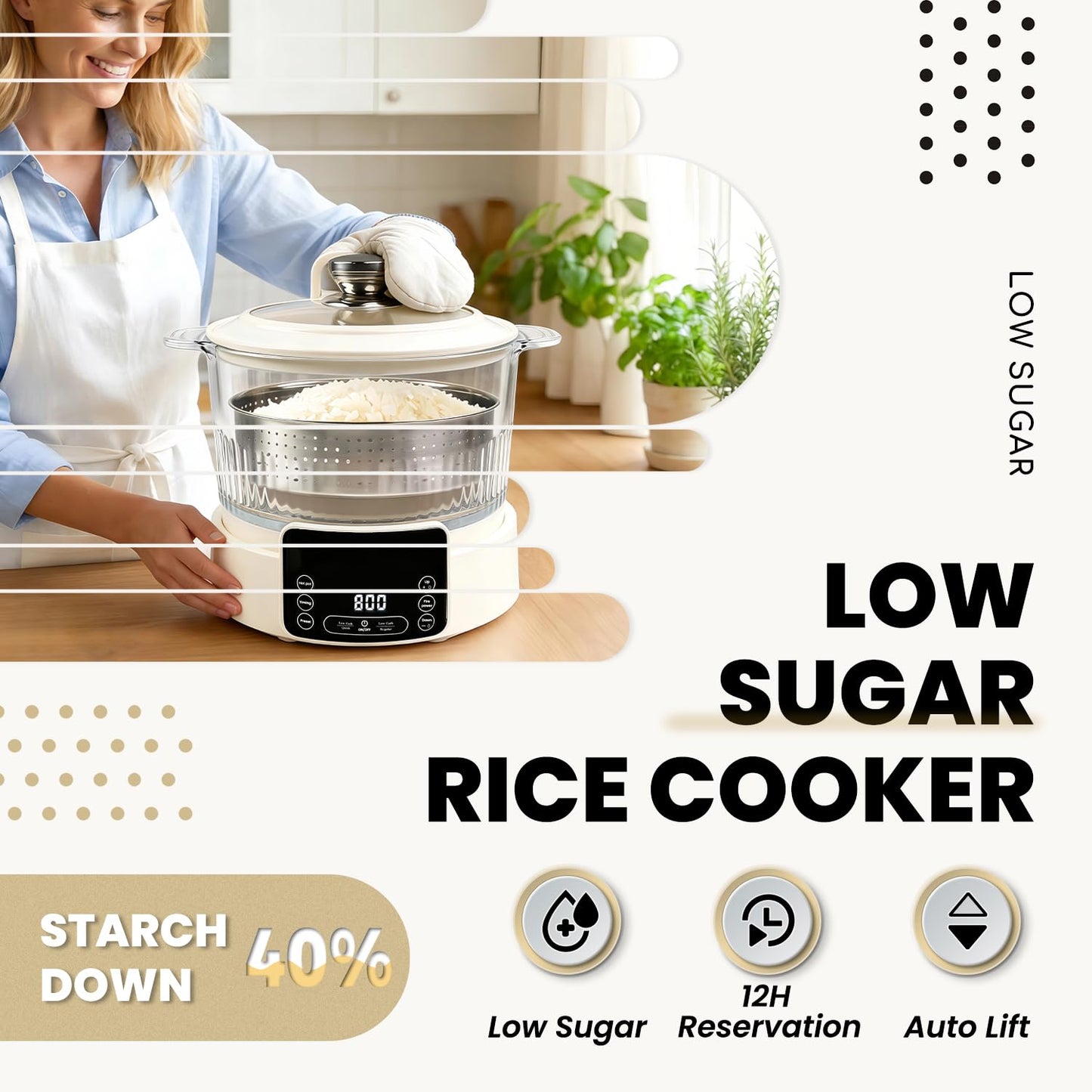 Low Carb Rice Cooker, Multifunction Smart Rice Cooker, Transparent and Visible food Steamer with Auto Lift Filter Basket (5L)
