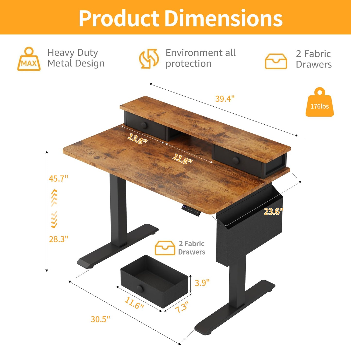 Electric Standing Desk Adjustable Height - 40 Inch Sit Stand Desk with Storage Drawers , Small Standing Desks with Shelf Monitor Stand, Kids Girls Computer Desks for Bedroom Home Office, Rustic Brown