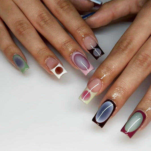 IMSOHOT Press on Nails Medium Square Fake Nails Glossy Dark Green Blue Ombre French Tips Acrylic False Nails Gel Full Cover Acrylic Glue Stick on Nails for Women Girls 24Pcs