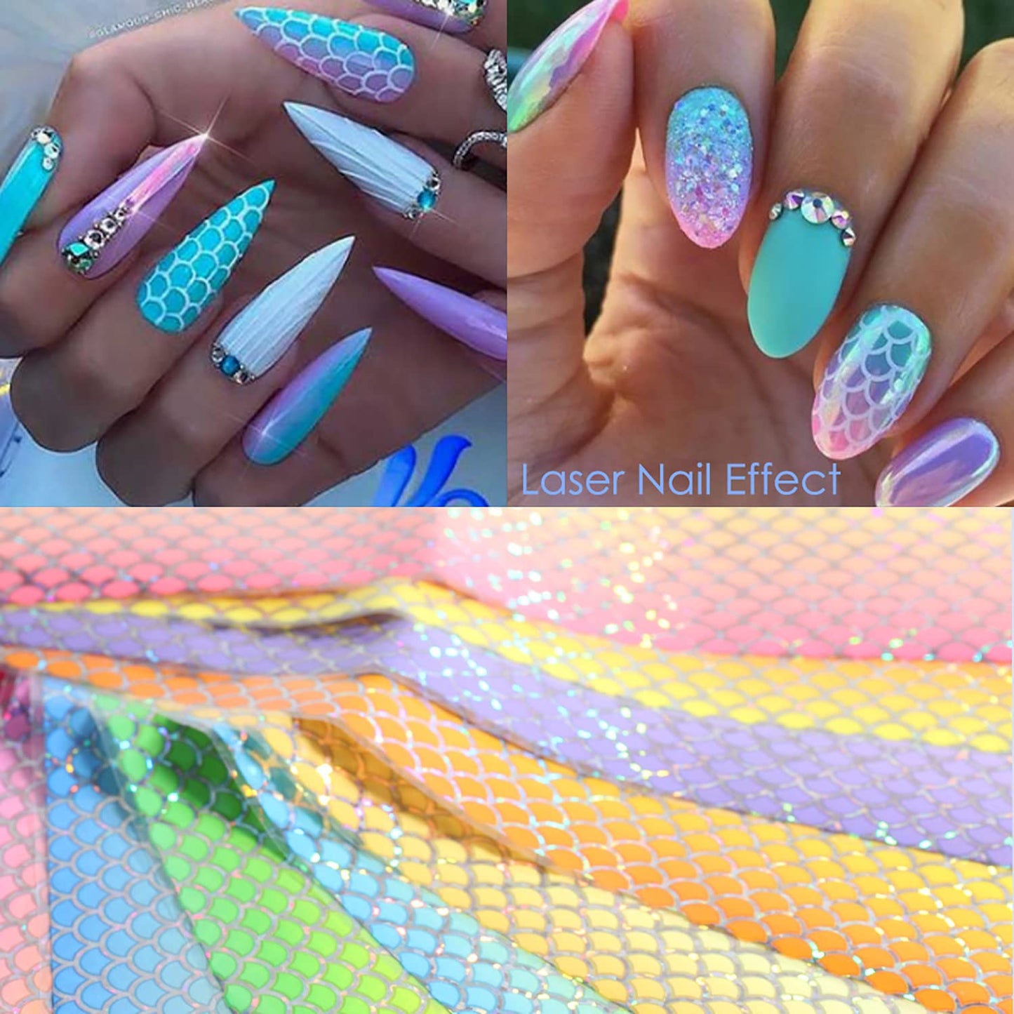 Holographic Nail Foil Transfer Stickers Decals, Fish Scales Nail Polish Sheets, Laser Line Mermaid Nail Art Designs Acrylic Nails Supplies for Nail Transfer Glue Polish, Bright Nail Film Decorations