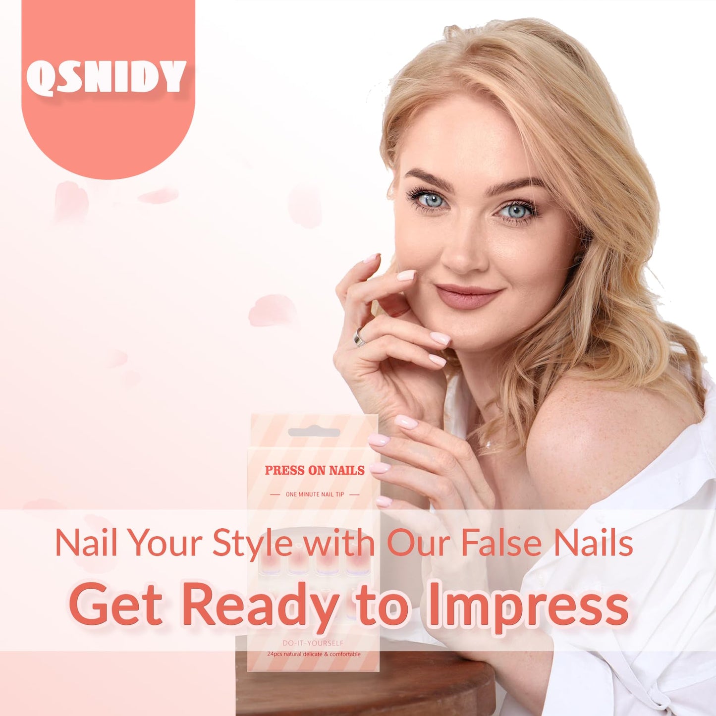 Qsnidy Press on Nails Square - French Ombre Pink Fake Nails Medium Acrylic Glossy Full Cover Stick On Nails for Women and Girls Daily Wear, Natural Fit Glue on Nails in 12 Sizes - 24 Nails Kit