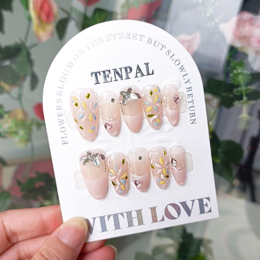 TENPAL French Tip Press on Nails Short Almond Gradient Pink Nails Press Ons with Fireworks Flower Butterfly Chain Designs Cat Eye Nails Press ons Glossy Artificial Glue on Fake Nails Short(S)