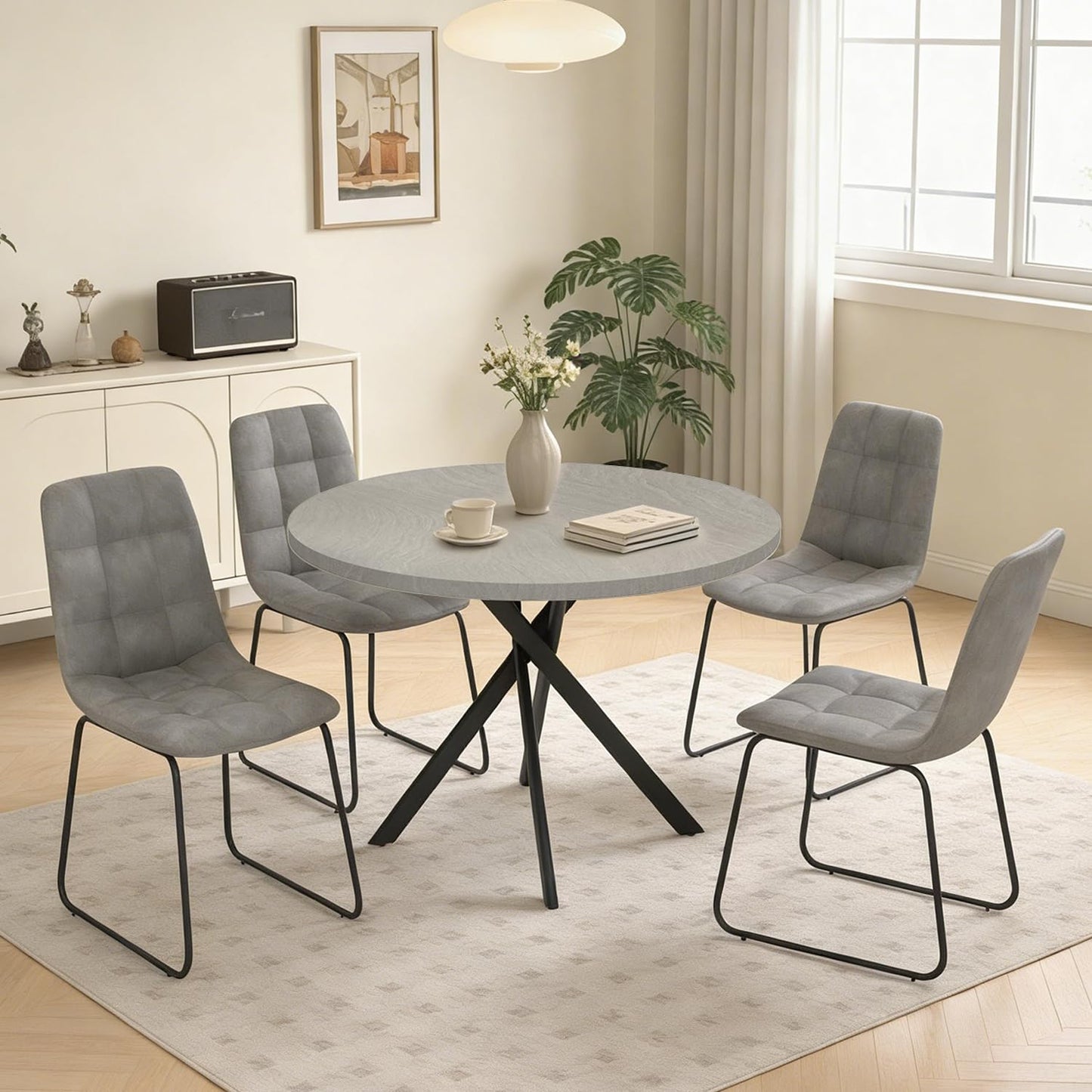 domusdisn 44" Round Dining Table with Cozy Chair Set for 4, Modern Mid-Century Dining Table Set of 4, Dinette Sets with Metal Leg for Kitchen Dining Room Apartment(Gray Table + Gray Chairs)