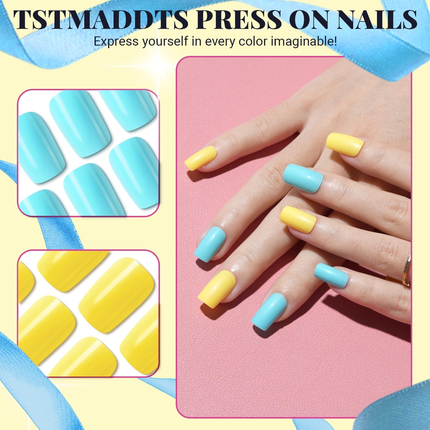 TsMADDTs Medium Square Press on Nails, 720 pcs Fake Nails with Glue, Files, Sticker, Tweezer for Women Home Art DIY