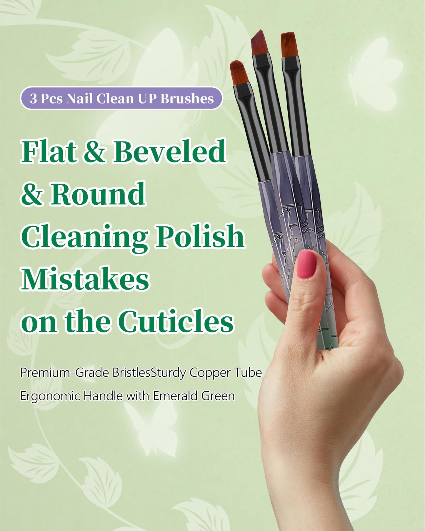 AMilHiTon 5PCS Nail Art Liner Brushes for Fine Drawing & Detailed Nail Art, 3PCS Nail Polish Remover Brush for Tidying Up Polish Mishaps on Cuticles(Green)