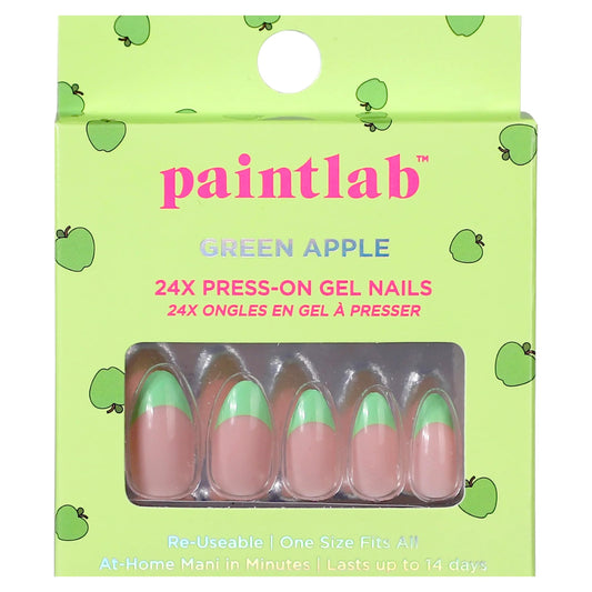 PaintLab Press On Nails - Green Apple French Tip Almond Fake Nails, 30 Nails in 15 Sizes with Glue, Reusable Salon Quality Press On Nails