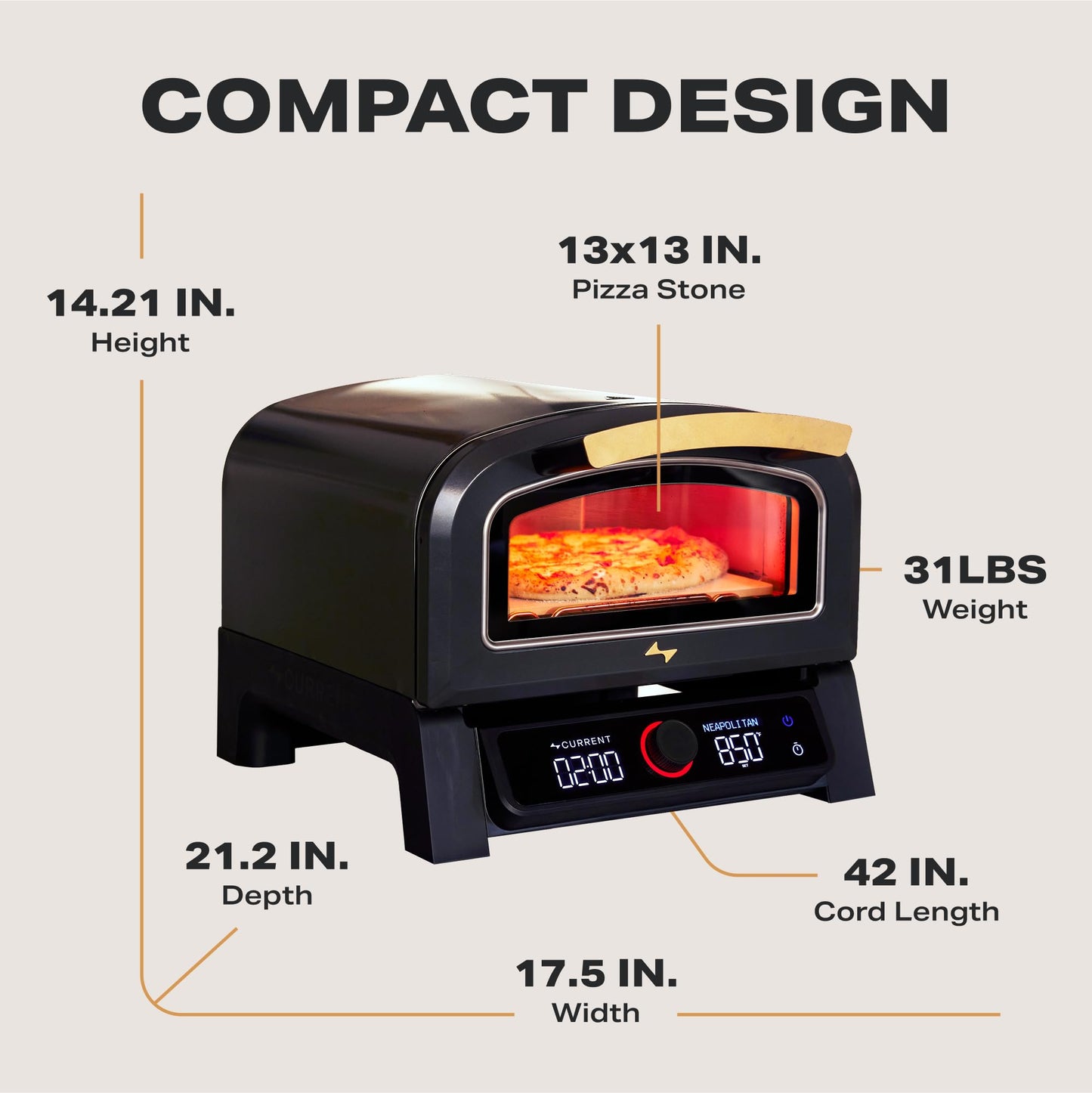 Current® Model P Smart Electric Pizza Oven, 12-Inch, 850°F Max, 8 Cooking Modes, App Connectivity for Temperature Monitoring & Custom Cooking Times, Compact for Indoor & Outdoor Use, Dark Gray