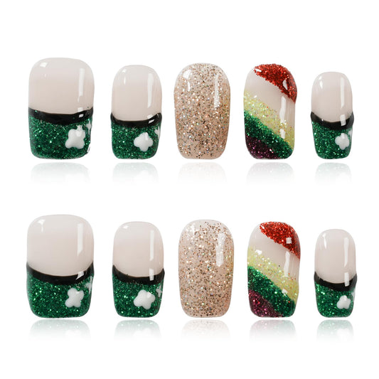 Tesytto Medium Square Press On Nails, Nude with Green Glitter French Tips and Hand-Painted White Clover, Rainbow Glitter Gradient Thick Acrylic Nails (Size M)