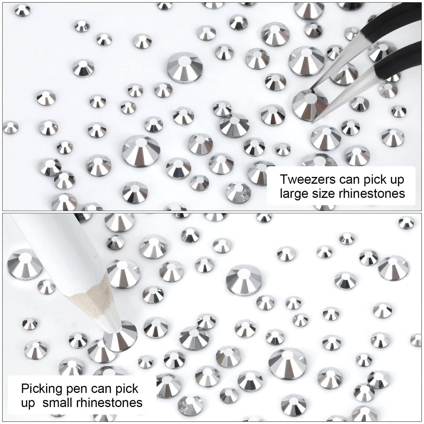 Meibite Silver Glass Flatback Rhinestones for Nails, Crafts & Clothes – 4240PCS 6 Sizes (SS6–SS20) Crystal Gems Kit with Tweezers & Picker, Non Hotfix DIY Rhinestones for Tumblers, Shoes, Nail Art
