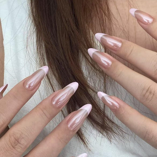 Handmade Pink French tip Press on Nails long style Almond Fake Nails with Glue Full Cover Glossy False Nails Stick on Nails for Women Manicure Aurora Powder Decoration 10PCS (MT-133-M)
