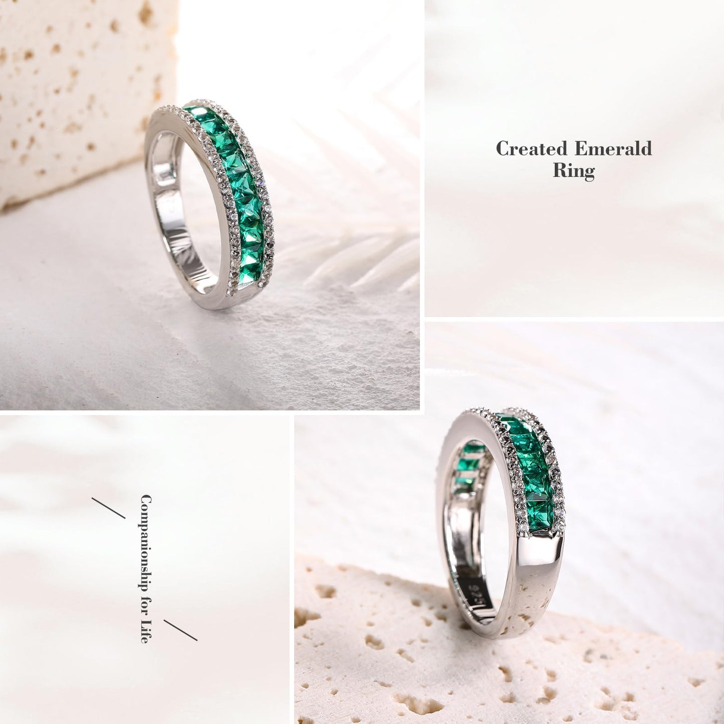 RANDES Created Emerald Engagement Ring 925 Sterling Silver Emerald Green Stone Ring Eternity Band Rings for Women Size 9.5