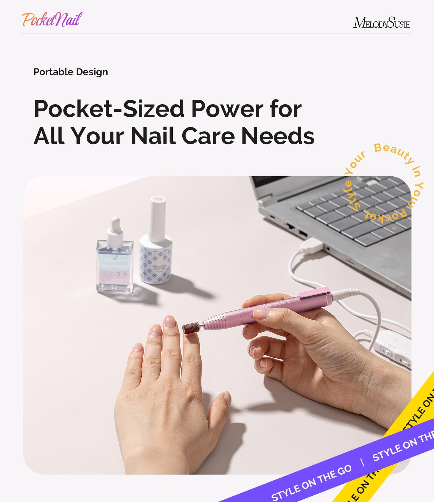 MelodySusie PocketNail Slim Ergonomic Pen-Shaped USB Nail Drill, PC100G 20000RPM Portable Electric File for All Manicure, Pedicure Nail Care, Shaping & Gel Removal at Home for Beginners