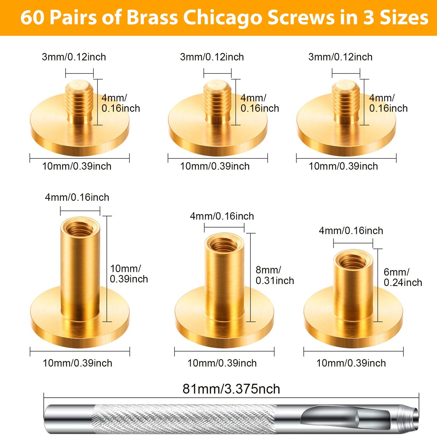 Hotop 60 Pairs Gold Chicago Screws Brass Chicago Screws Solid Rivets for Belts Binding Stud Tools Leather Fasteners Rivets Belt Strap with Hole Punch Tool for DIY Jean(Gold,Mixed Size)