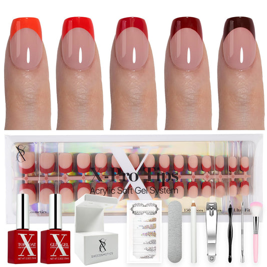 SXC Cosmetics French Tip Press On Nails – Red Series, Extra Short Square Fake Nails X-Pro Tips Starter Kit| 150PCS, 15 Sizes, 5 Styles, Beginner-Friendly
