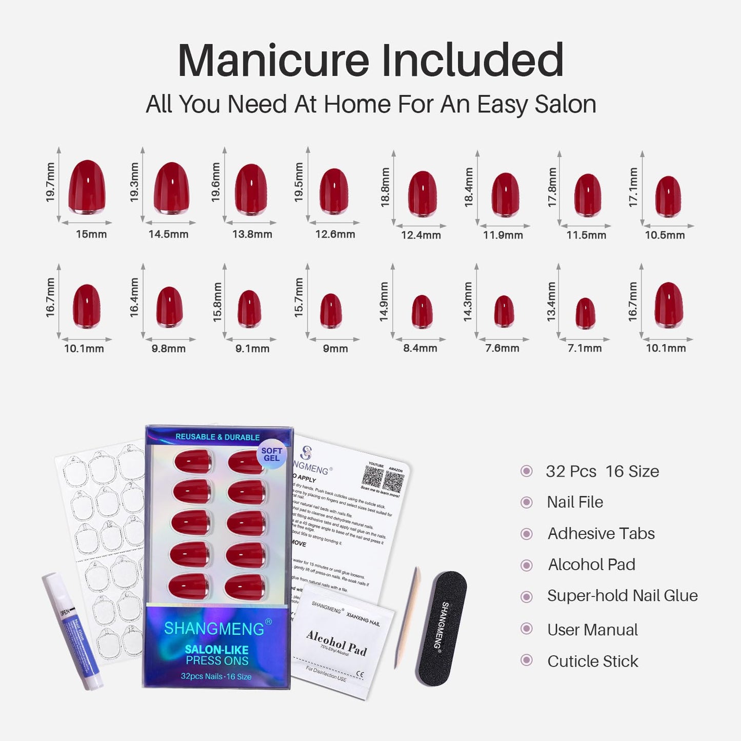 Red Press on Nails Oval - SHANGMENG Soft Gel 3D Silver Foil Short Press on Nails for Women, Seamless Fit Glue on Nails in 16 Sizes - 32 Reusable Fake Nails Kit with Glue, Crimson Curve