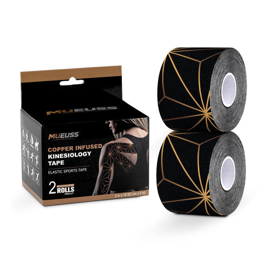 MUEUSS Copper Infused Kinesiology Tape, 40 Precut Strips (2 Rolls), Water Resistant Strips, Original Cotton Elastic Athletic Tape for Sports & Weightlifting, Muscle Strain Relief & Joint Support