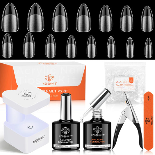 modelones X Nail Gel Kit Almond, Upgrade 15Sizes Fake Nails, 9-in-One Glue Dehydrator & Mini U V Light Clipper, 510Pcs Medium Almond Press on Tips for Extension DIY Salon Home Gift
