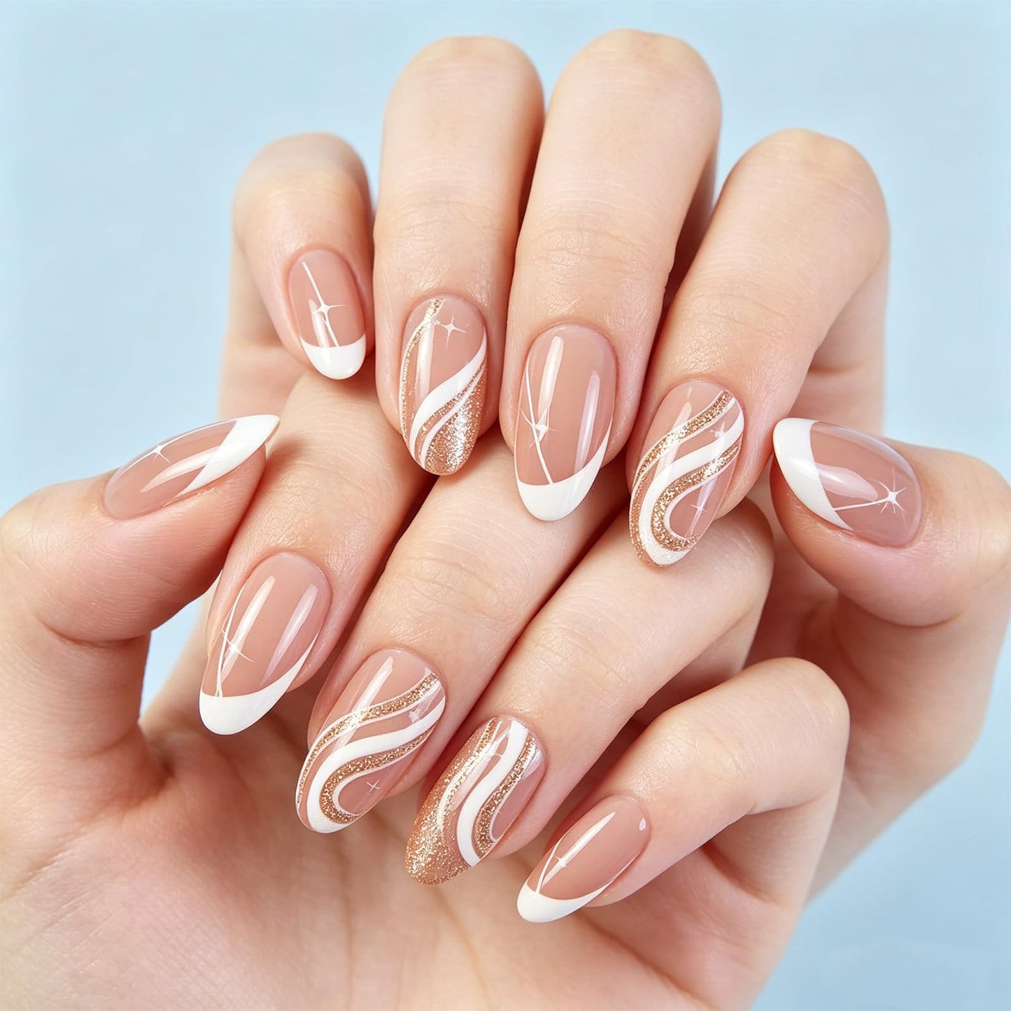 Medium Almond False Nails with Curve Line Design Stars Press on Nails Glossy Gold Glitter Fake Nail Wave Stick on Nail Milky Way Glue on Artificial Fingernails for Women Daily Wear