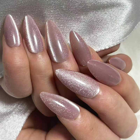 24Pcs Purple Press on Nails Medium Almond Length Glitter Fake Nails with Glue Pink Purple Glossy Acrylic Nails for Women DIY Manicure Decoration