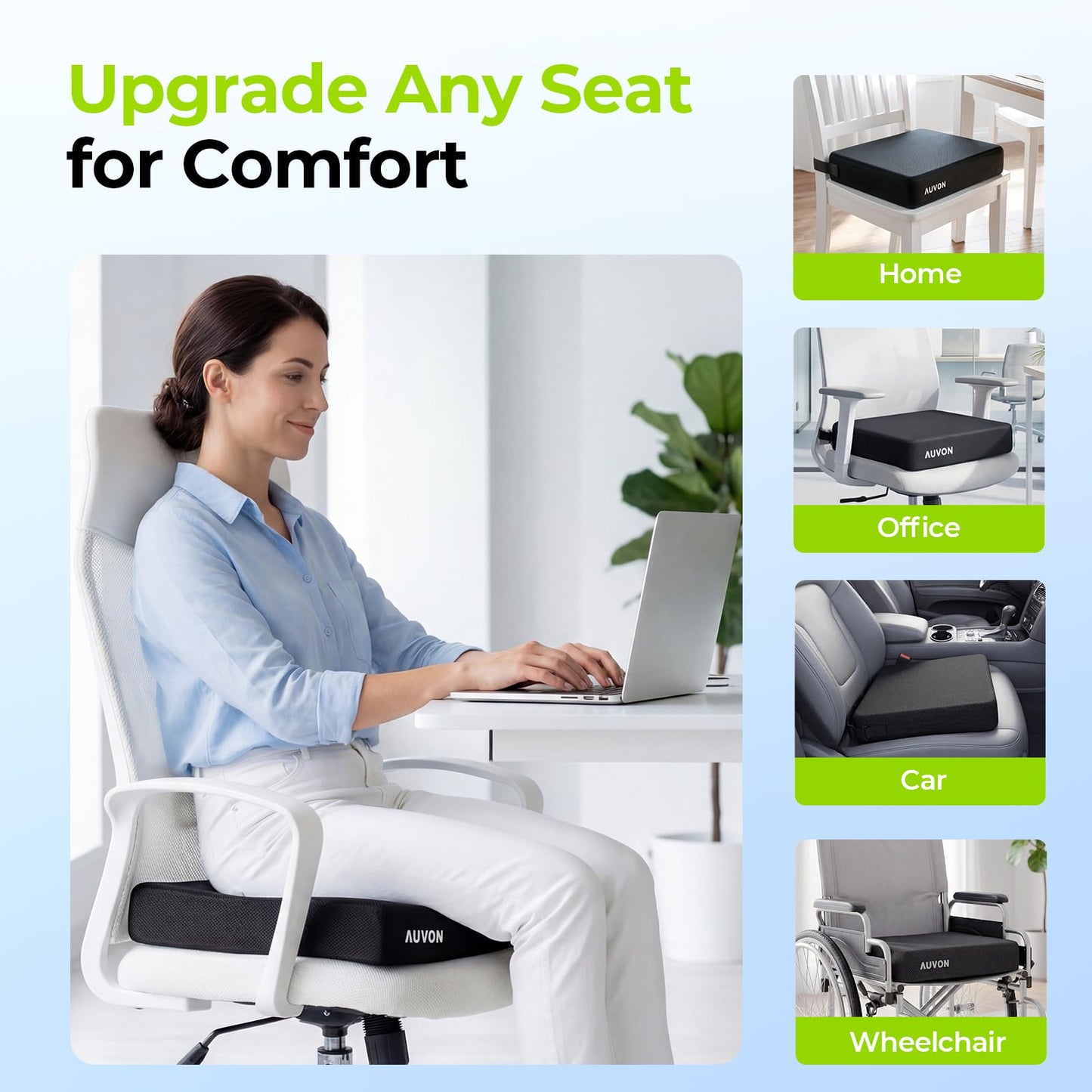 AUVON Cooling Gel Wheelchair Seat Cushion for Sciatica, Back, Pressure Sore and Ulcer Pain Relief, Breathable Memory Foam Chair Cushion with Waterproof Silk Fabric, Removable Strap, Anti-Slip Cover
