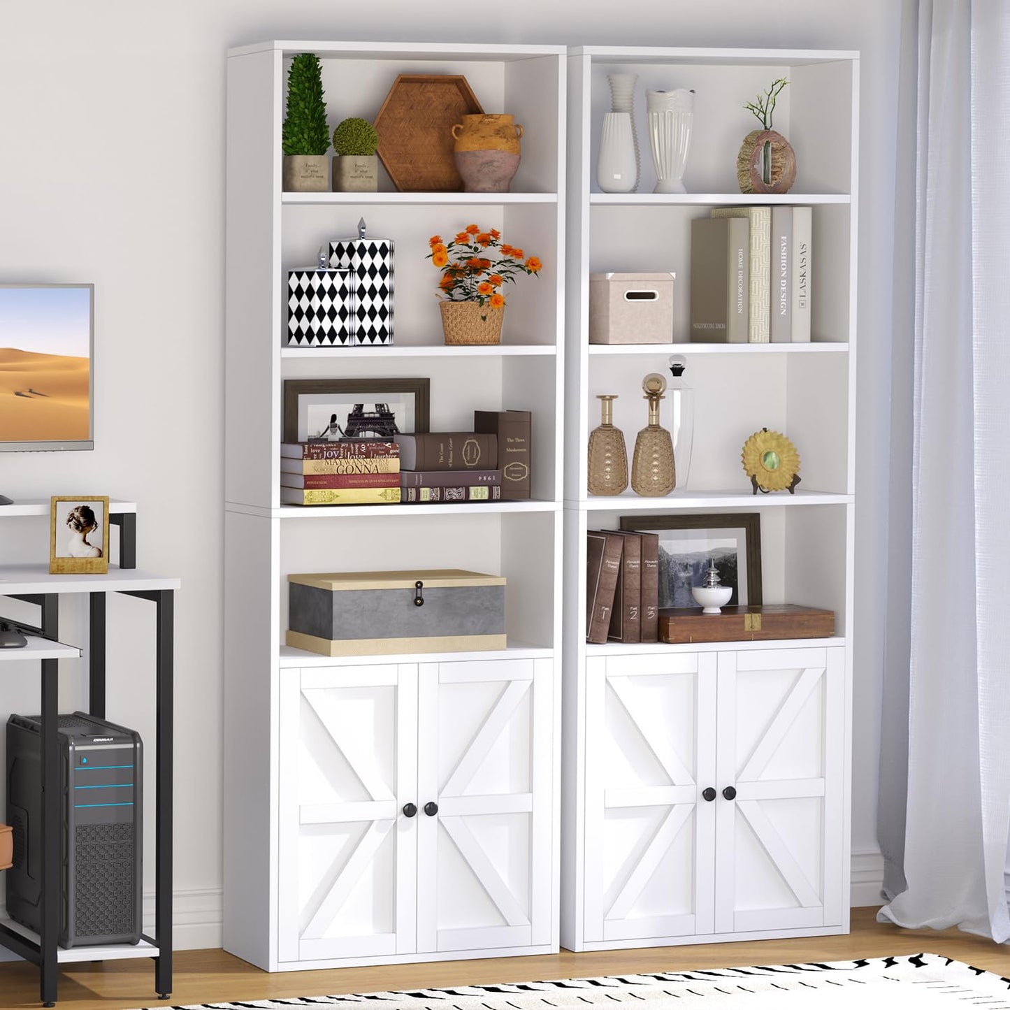 OneBlis 71.5" Bookshelf Set of 2, 6-Tier Bookcase with Cabinet Doors, Tall Display Shelves with Storage for Home Office, Living Room