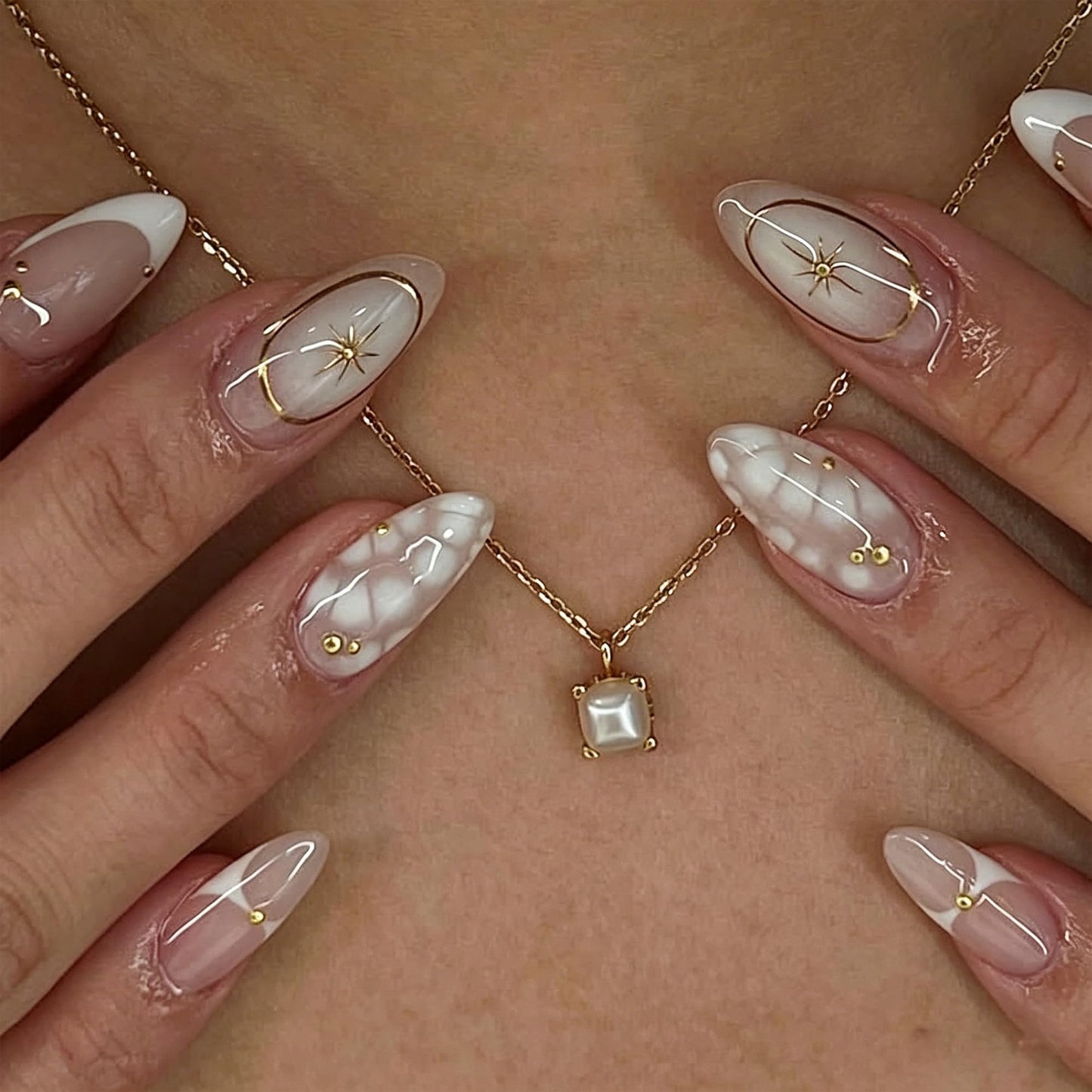 French Almond Press On Nails Medium Length, Nude Fake Nails with Starburst & Gold Line Design, Glossy Gel Finish Acrylic Nails, Reusable Glue On Nails for Women, 24Pcs