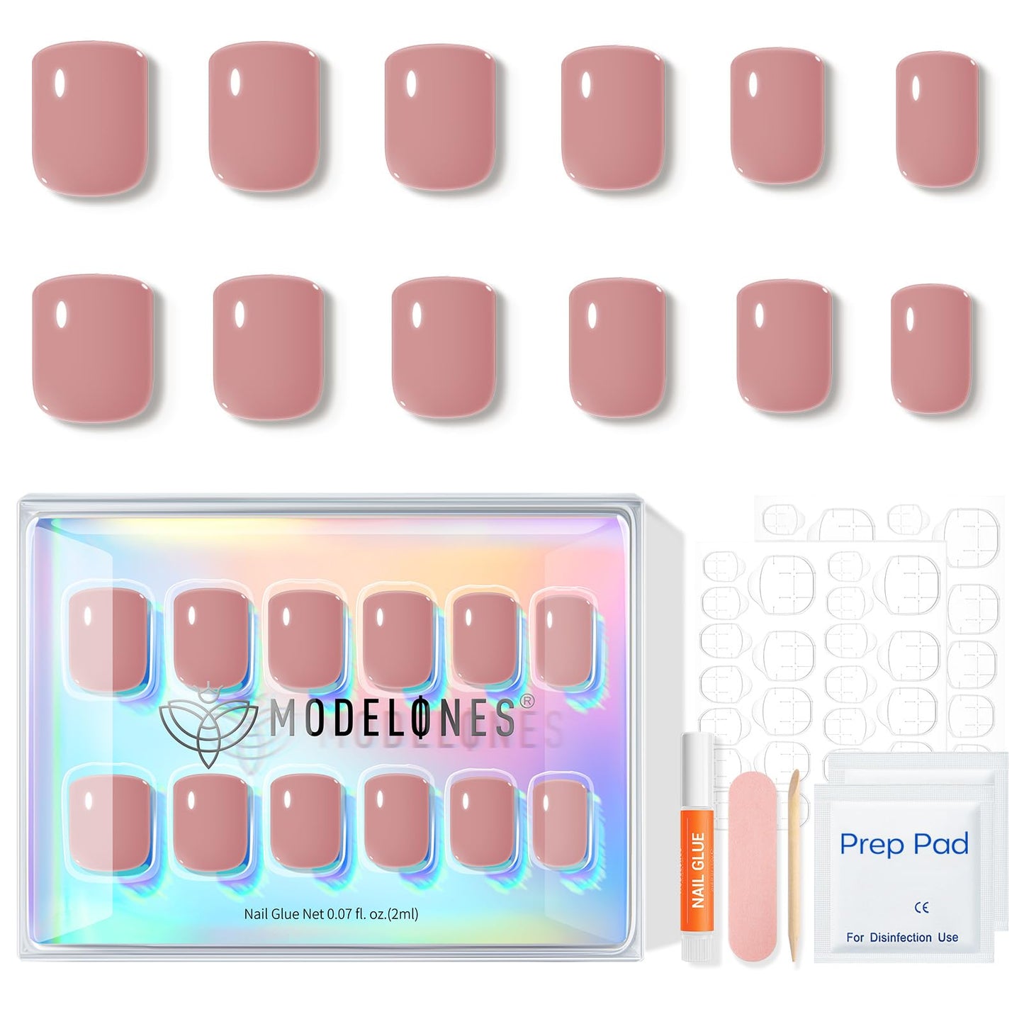 Modelones Extra Short Press on Nails, Squoval Fake Nails, Reusable Nail Kit with Nail Glue Adhesive Tabs Mini Nail File, Nails Press Ons 32Pcs 16 Sizes, Cosy Pink, Spring Women Girl Gift
