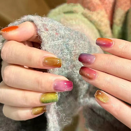 Square Press on Nails Short Colorful Fake Nails Rainbow False Nails for Ca Eye, Ombre Press on Nails with Desins Gradation Glitter Glue on Nails for Women Girl 24Pcs