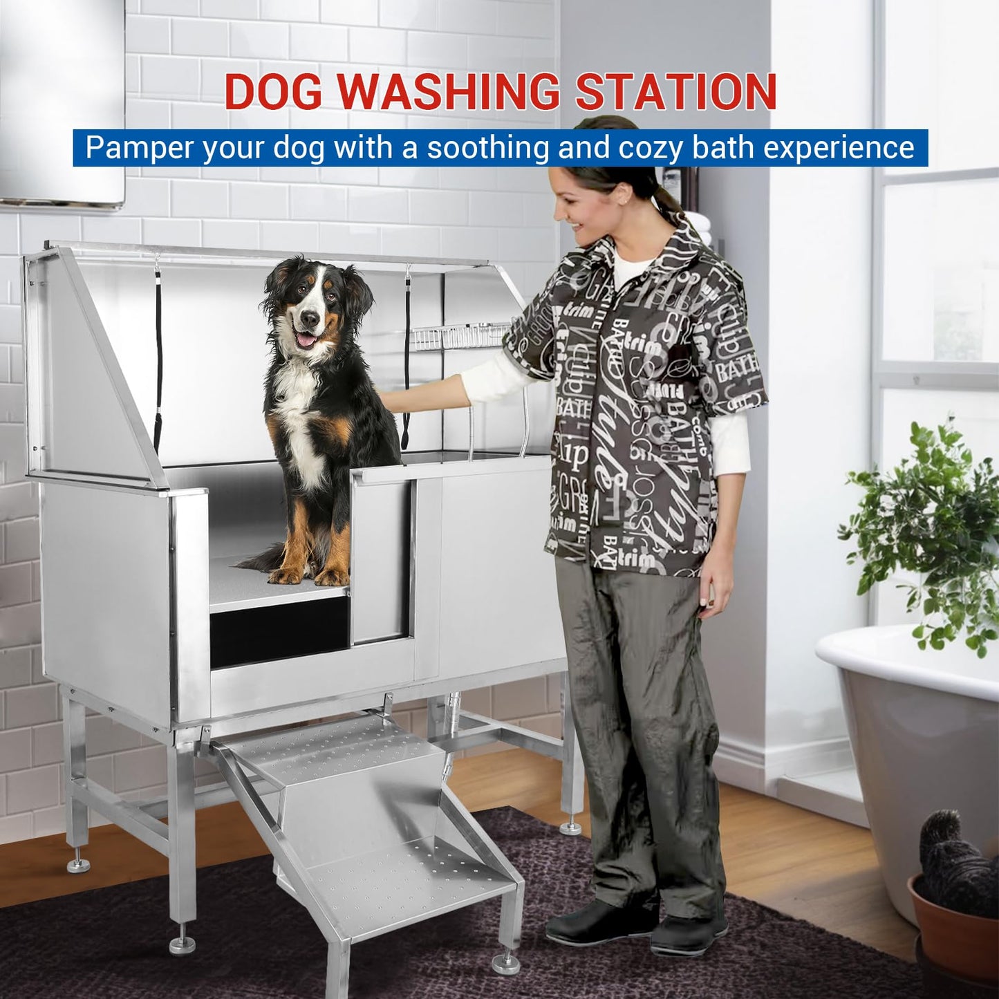 Garvee 50'' Dog Grooming Tub, Professional Pet Washing Station with Retractable Stairs, Stainless Steel Pet Bathtub for Small & Large Dog, Left Door