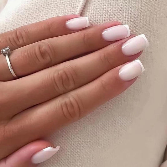 24Pcs French Tip Press On Nails Medium Square Fake Nails Glossy Nude Pink Milky White French Tip False Nails Reusable Acrylic Stick On Nails for Women Daily Home Office Party Wedding