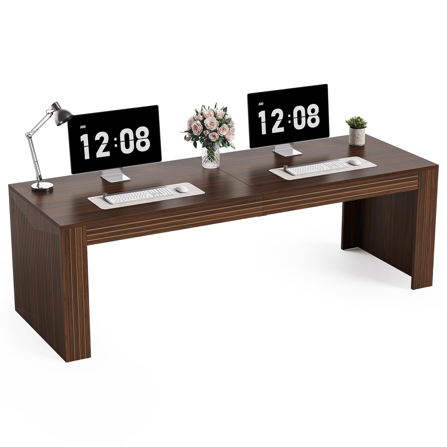 LITTLE TREE 78.7-Inch Two Person Desk, Double Monitor Office Desk for 2 Person, Large Executive Wood Desks Conference Table, Home Office Dark Brown