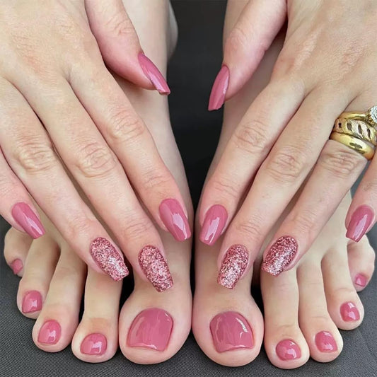 CTTHNBD Pink Press on Nails & Square Press on Toenails Set, Medium Coffin Fake Nails with Glitter Design - for Women 48 Pcs