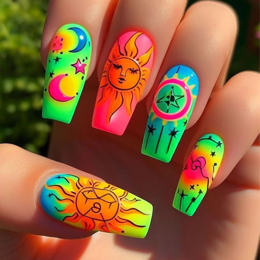 BABALAL Press On Nails, Long Coffin Fake Nails, Neon Rainbow with Sun Moon Star Design, Glossy Festival Hippie Glue On Nails for Women and Girls 24Pcs