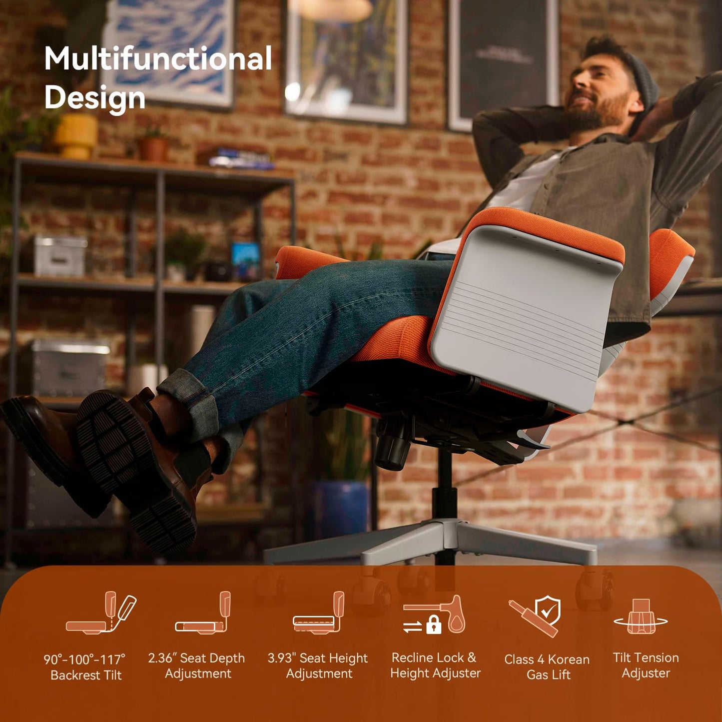 Newtral Criss Cross Chair with Wheels & Armrests, Ultimate Cross Legged Office Chair with Hidden Tray, Multi-Position Recliner Vanity, Ideal for Home Office, Bedroom (Criss Cross Chair, Orange)