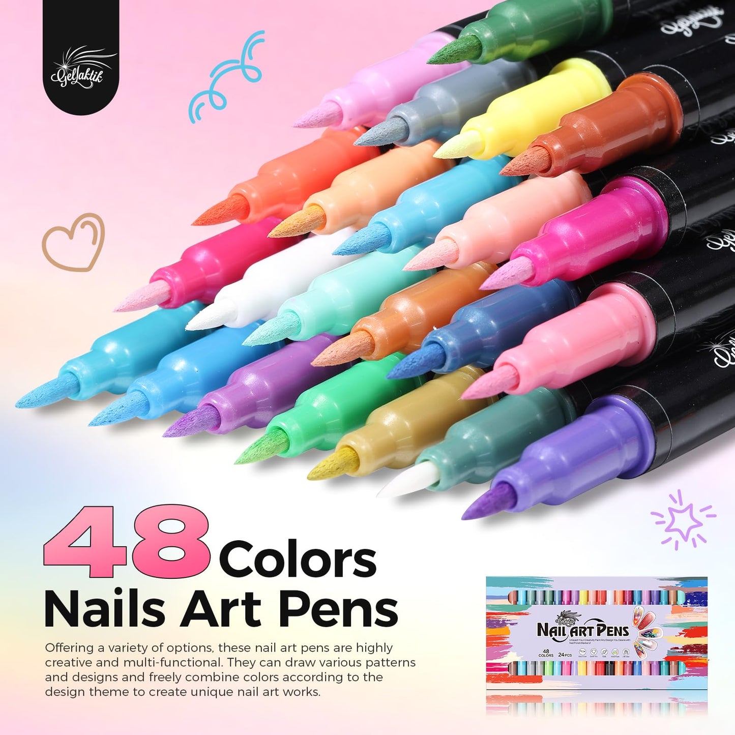 GELLAKTIK 48 Colors(24Pcs-dual) Nail Art Pens Set, 3D Nail Polish Pens Quick-Drying Acrylic Paint Markers, Dotting Liner Brush for DIY Nail Design, Home & Salon Manicure Tools, MarkerPen