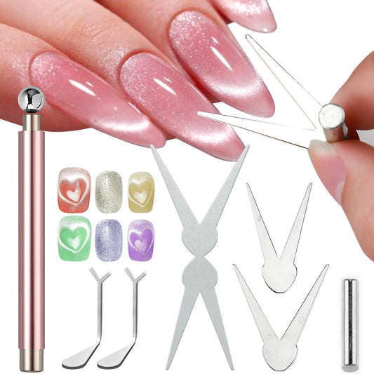 8pcs French Cat Eye Magnet Set,Double Headed V-shape Heart Magnet Strong Magnet Steel Ball Nail Art Magnetic Stick 2 in 1 Magnetic Stick Nail Art Gel Polish Manicure Accessories Tools Set